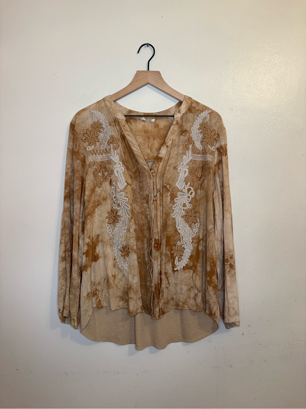 Miss Me Beige Brown Tie-Dye Embroidered Boho Blouse